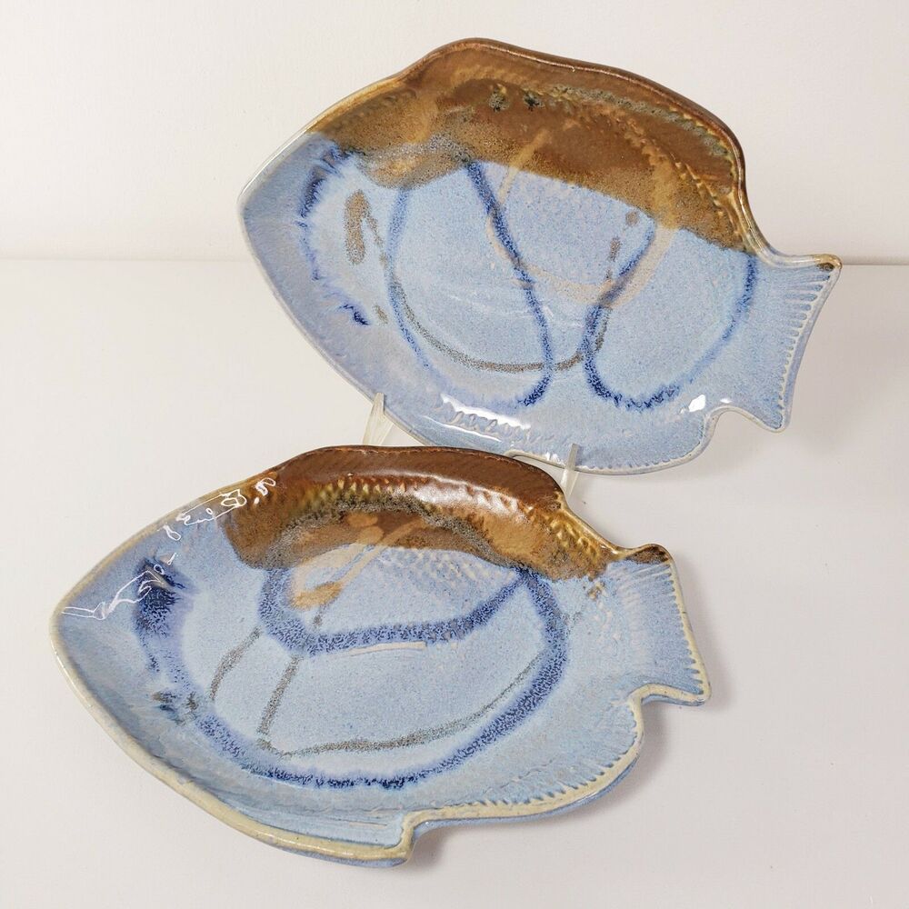 Indian Summer Pottery Fish Shaped Plates Blue Drip Glaze Beach Marine Nautical